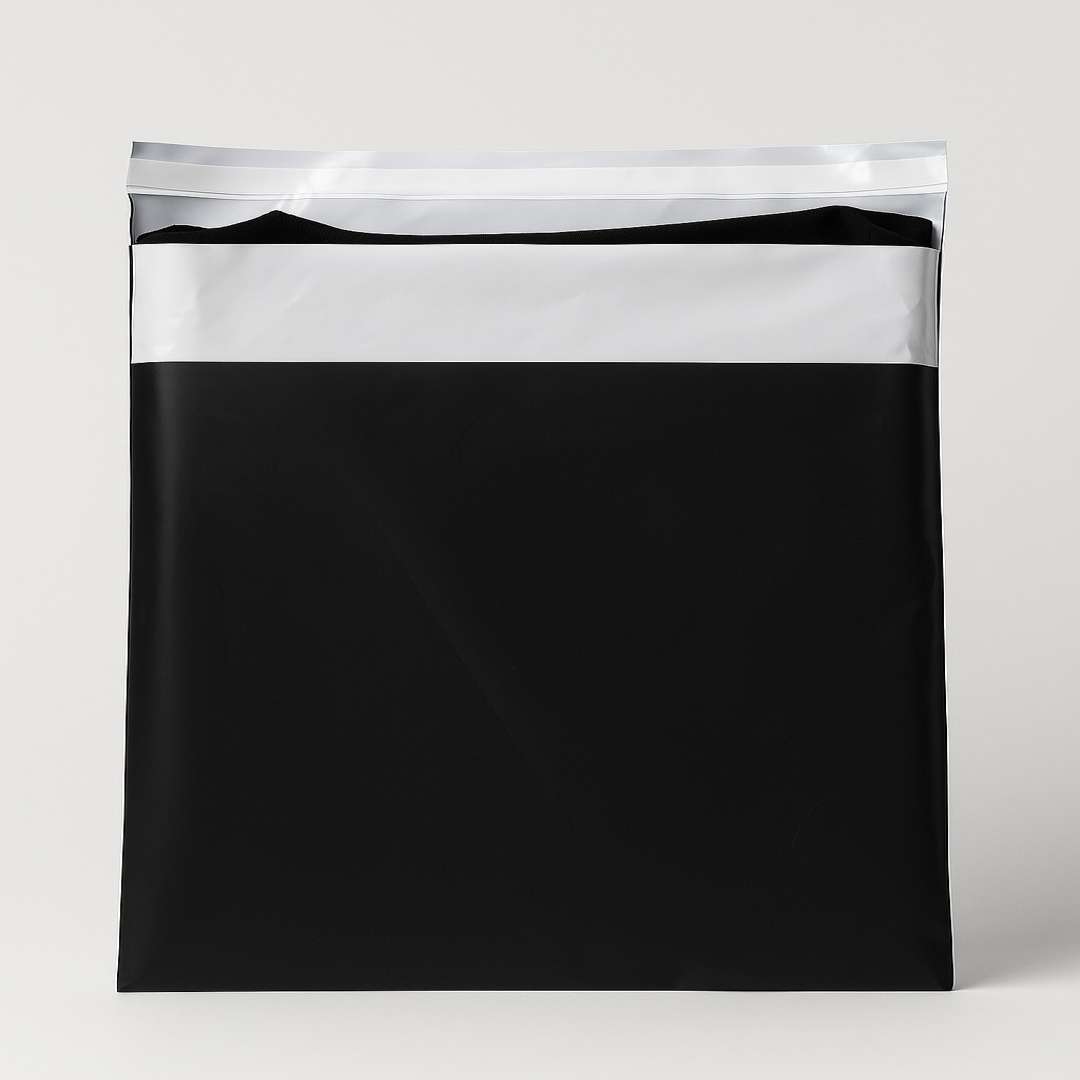 Black and white courier polybag with folded garment inside, on light background