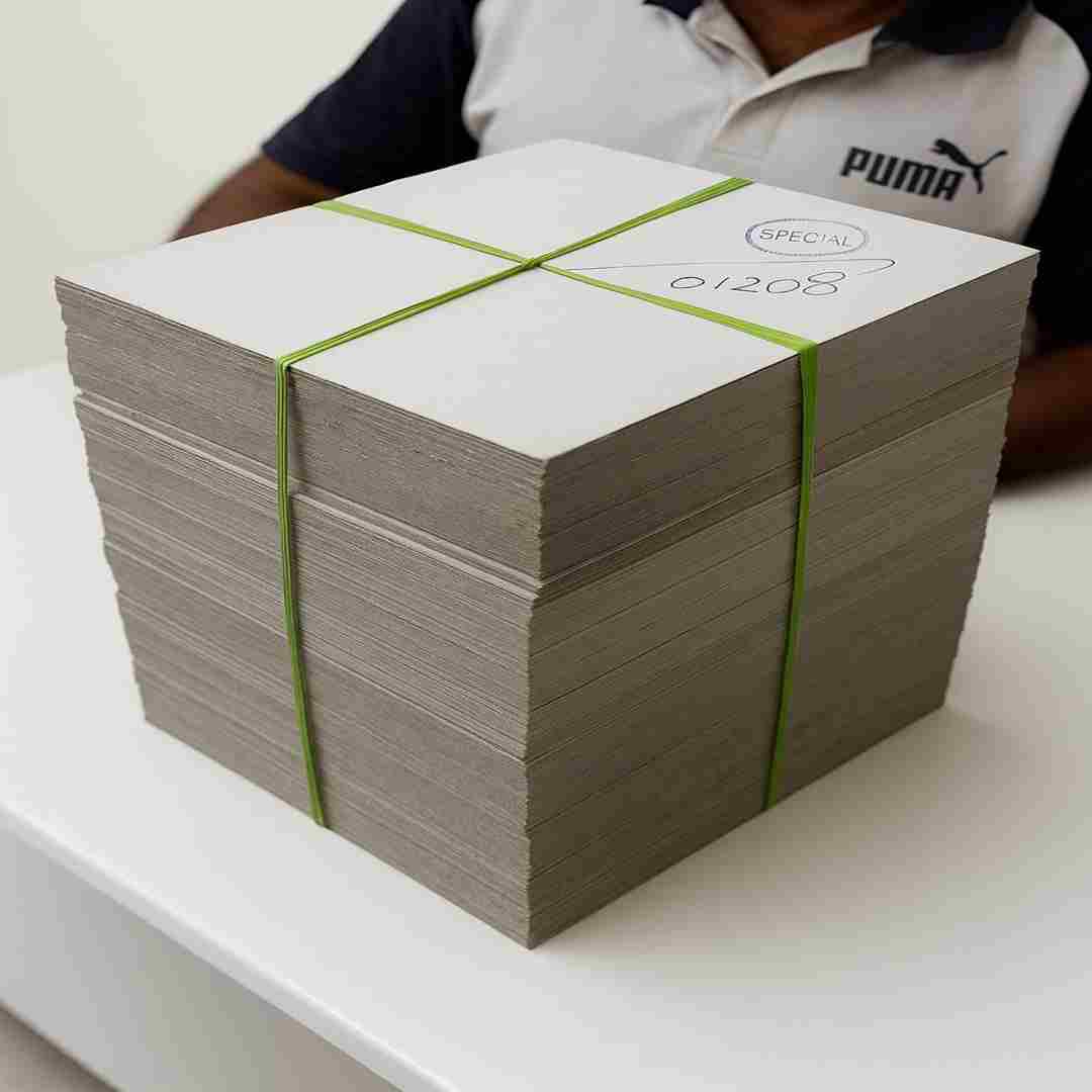 large stack of thick grey paper boards tied with green straps, placed on a white office table