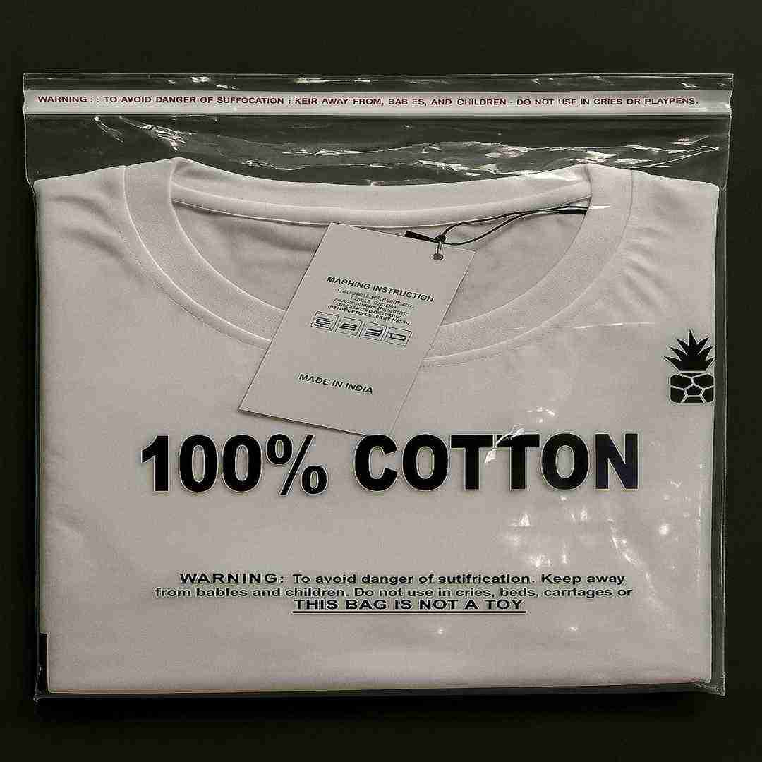 100% cotton t-shirt neatly packed in a transparent zipper polybag with printed safety warning and branding visible on white fabric