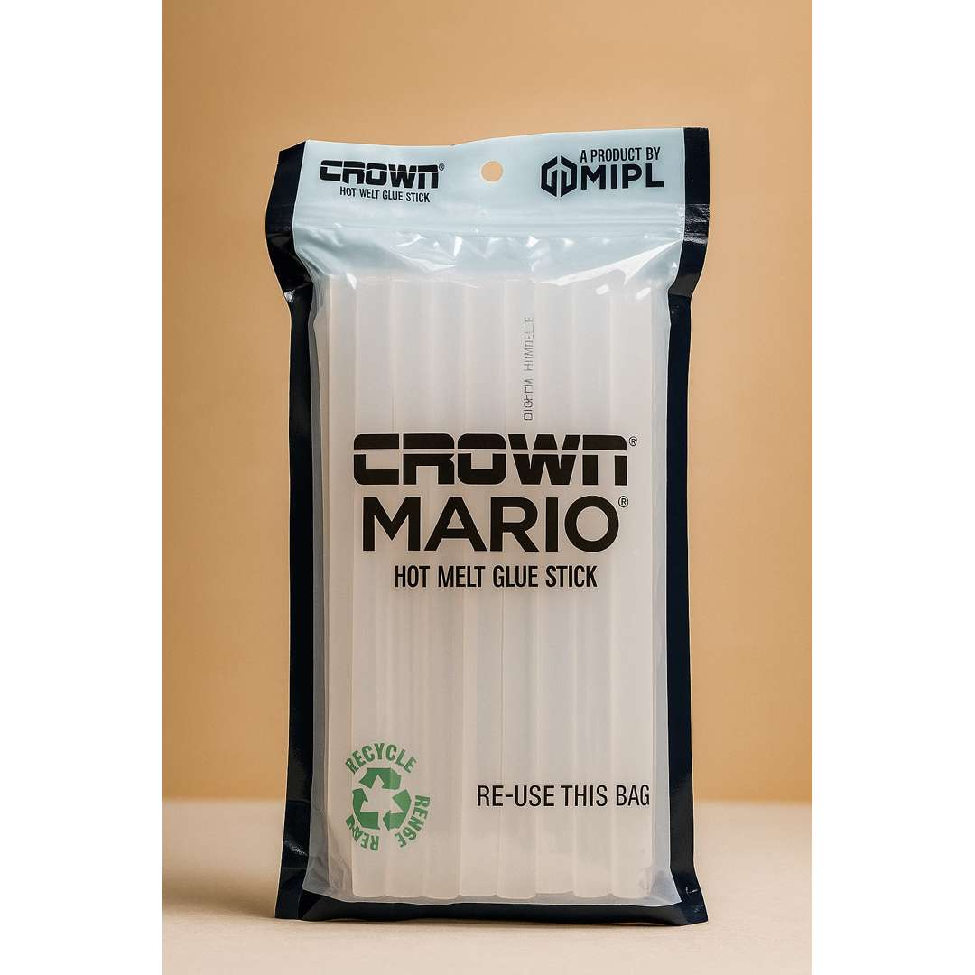 Crown Mario hot melt glue stick pack with black and white branding in resealable pouch