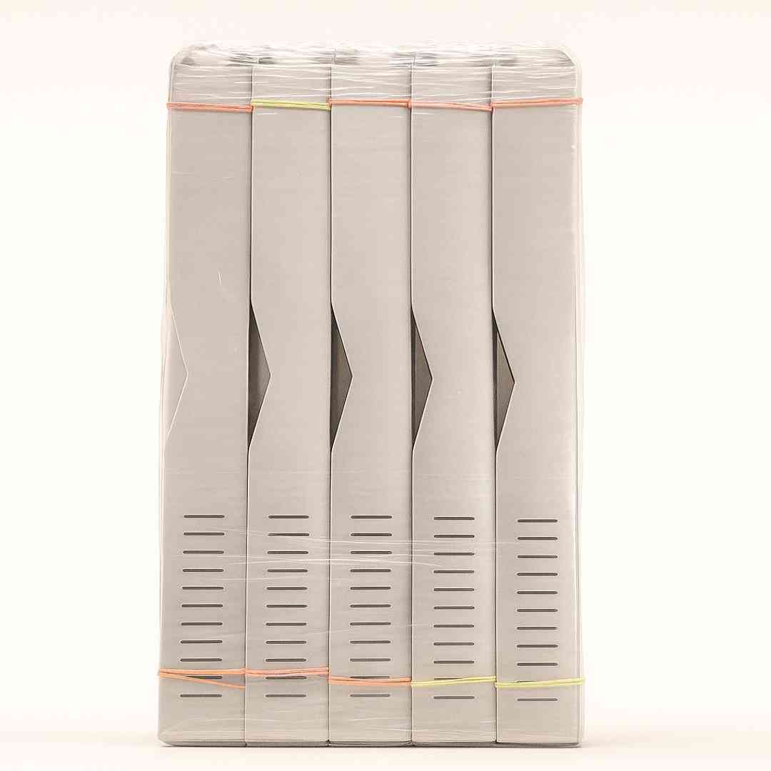set of five grey document file holders packed with plastic and rubber bands, organized vertically