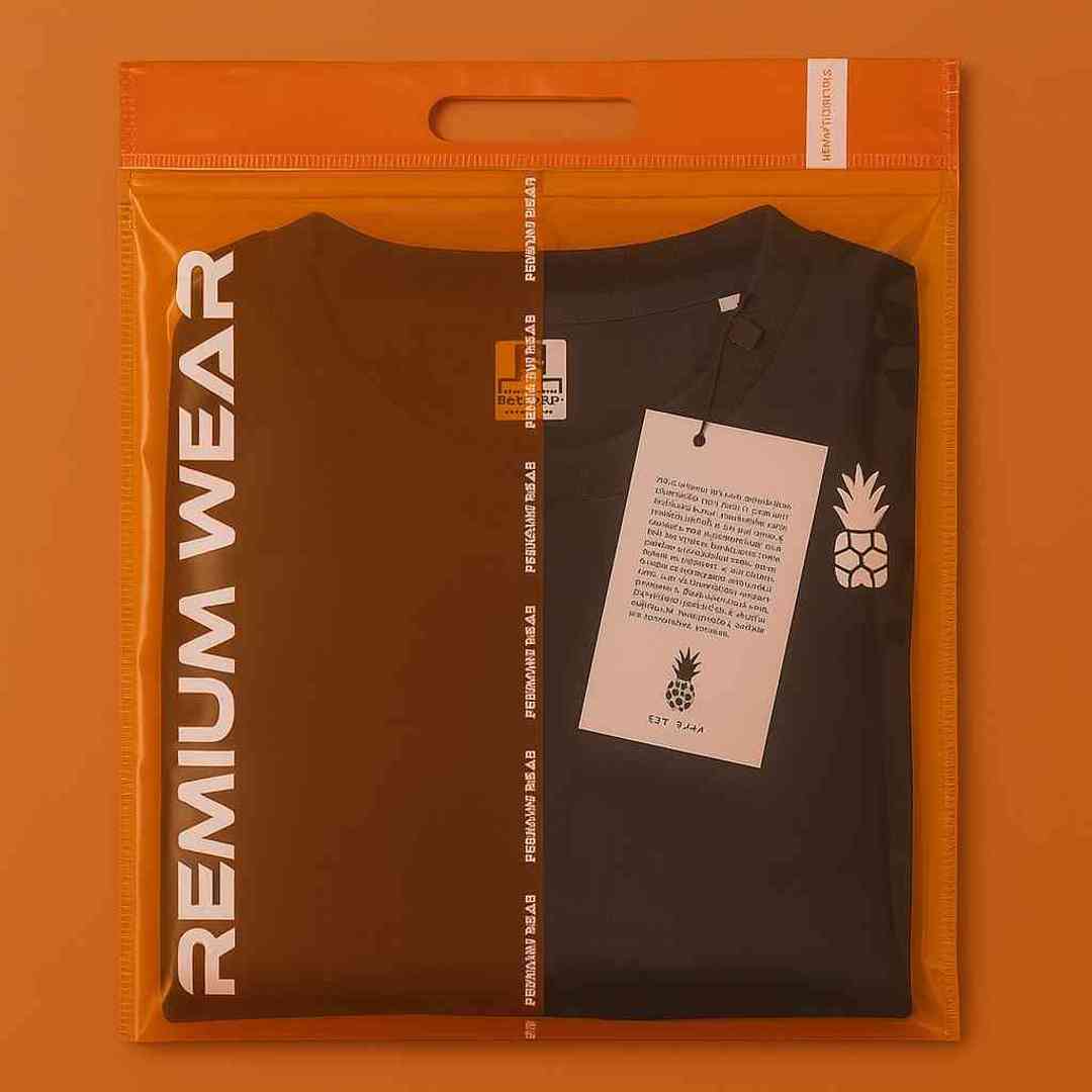 black t-shirt packed in bopp orange premium zipper bag with pineapple tag and bold vertical pemium wear print