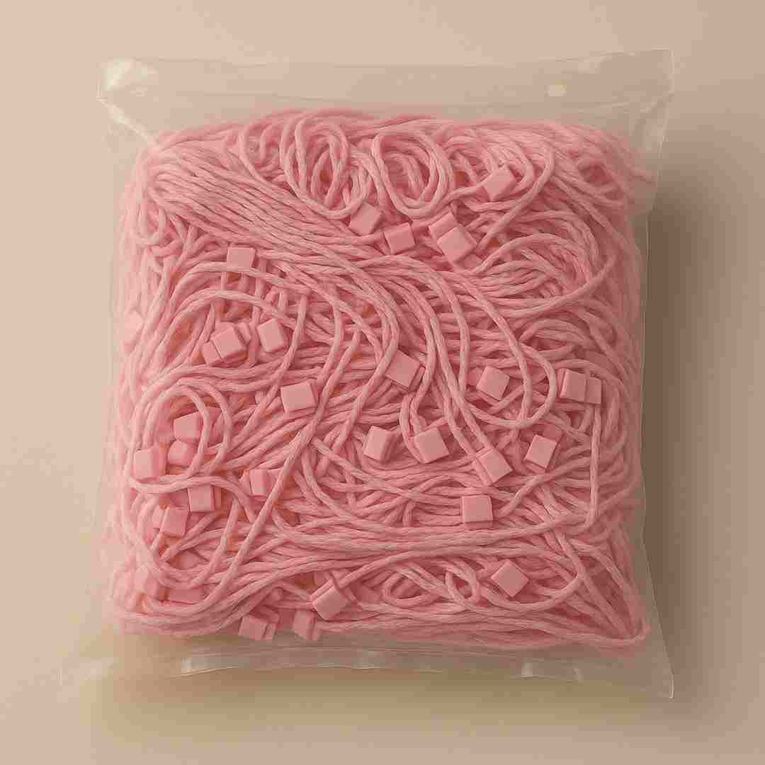 bundle of pink dhaga strings with attached locks packed in a transparent pouch for tagging garments