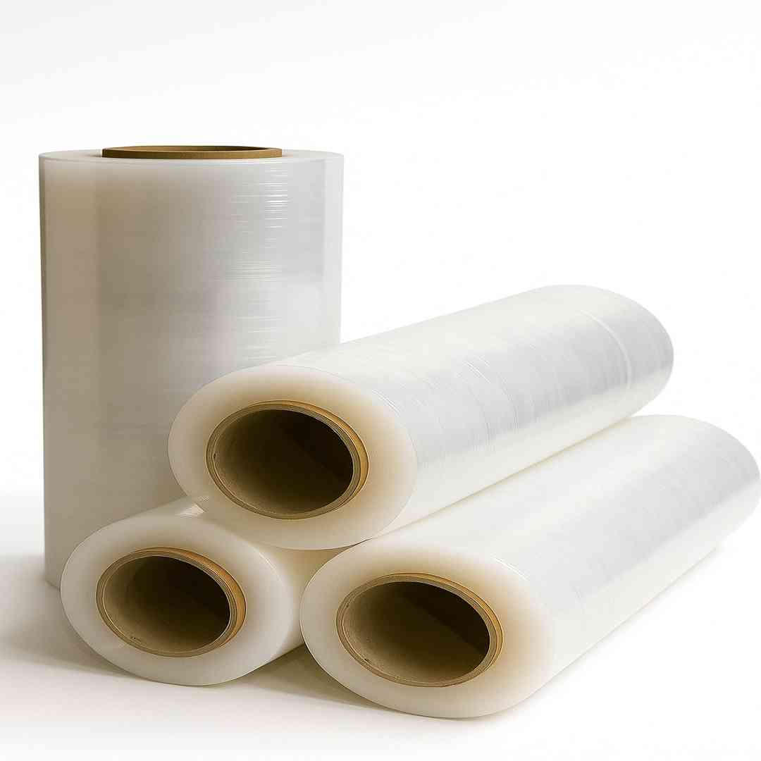 set of clear transparent lamination rolls for packaging, arranged on white surface with cardboard core