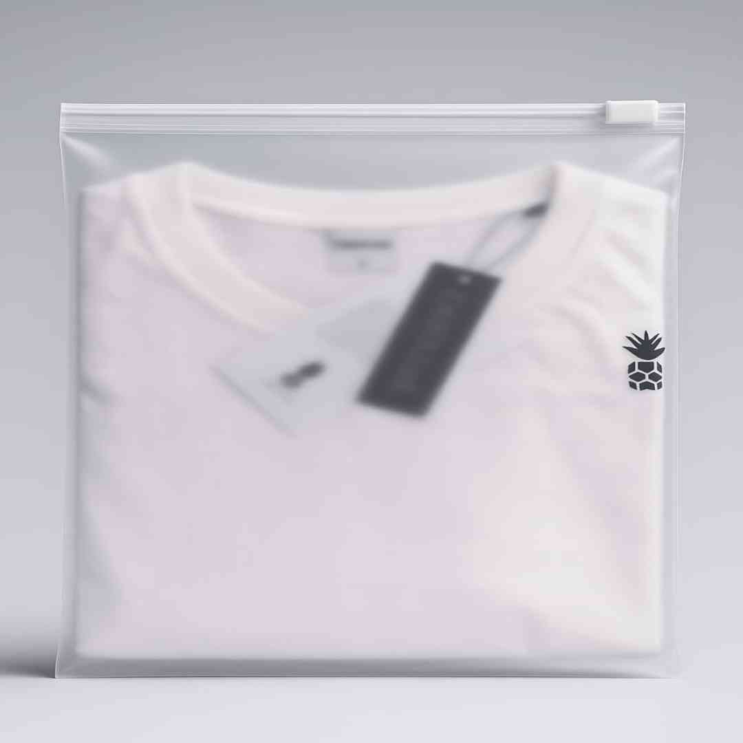 white t-shirt neatly packed in frosted slider zipper bag with pineapple icon and dual hang tags for branding
