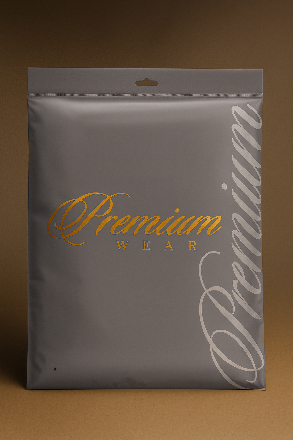 Gray packaging with 'Premium Wear' text on a brown background