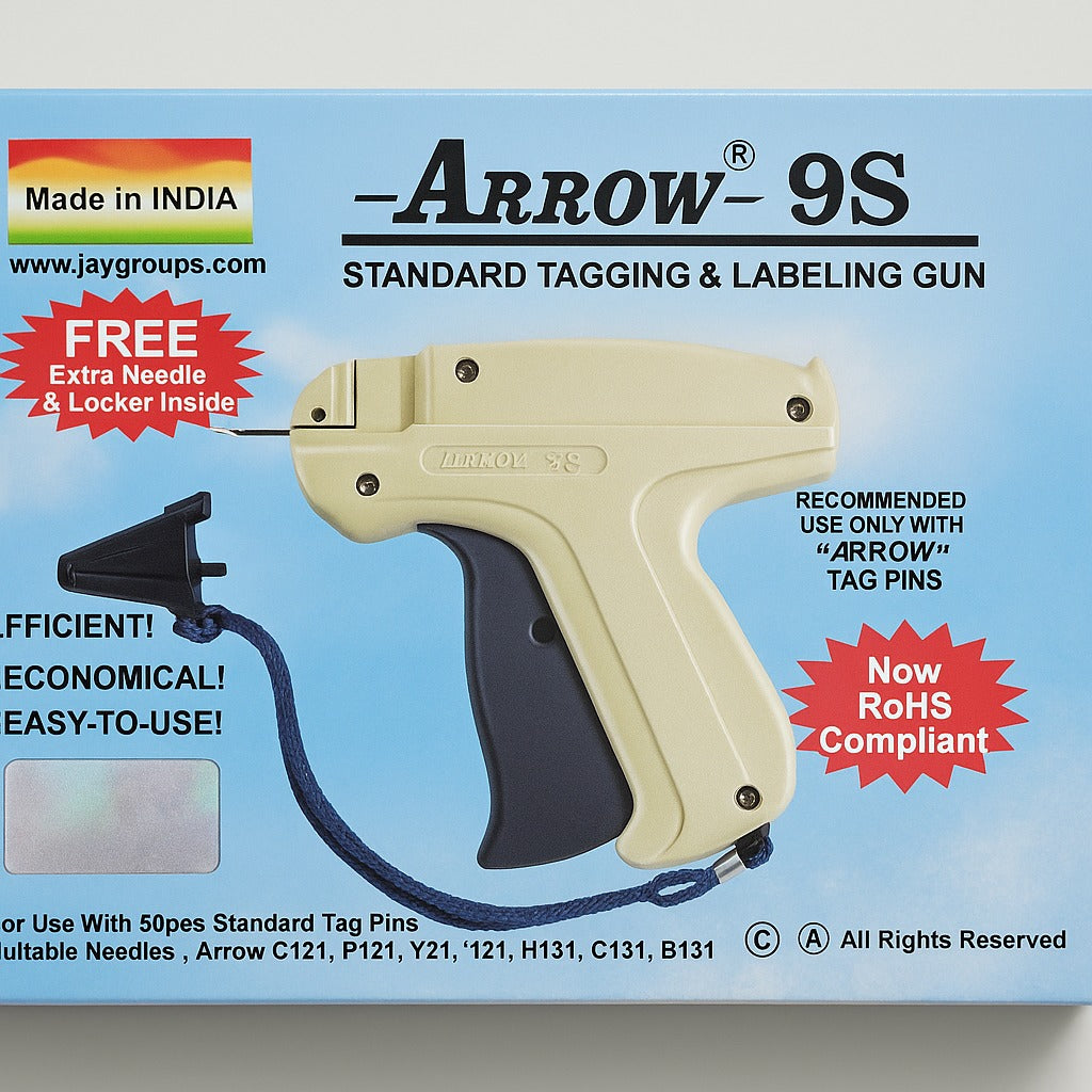 arrow 9s standard tag gun box with needle and tag pin shown trusted by paras packing

