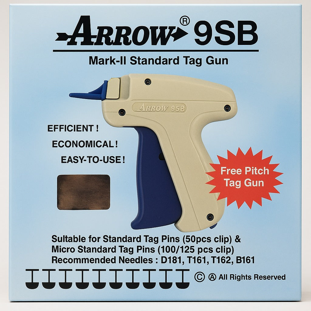 arrow 9sb tag gun with ergonomic grip shown on blue box for garment tagging use

