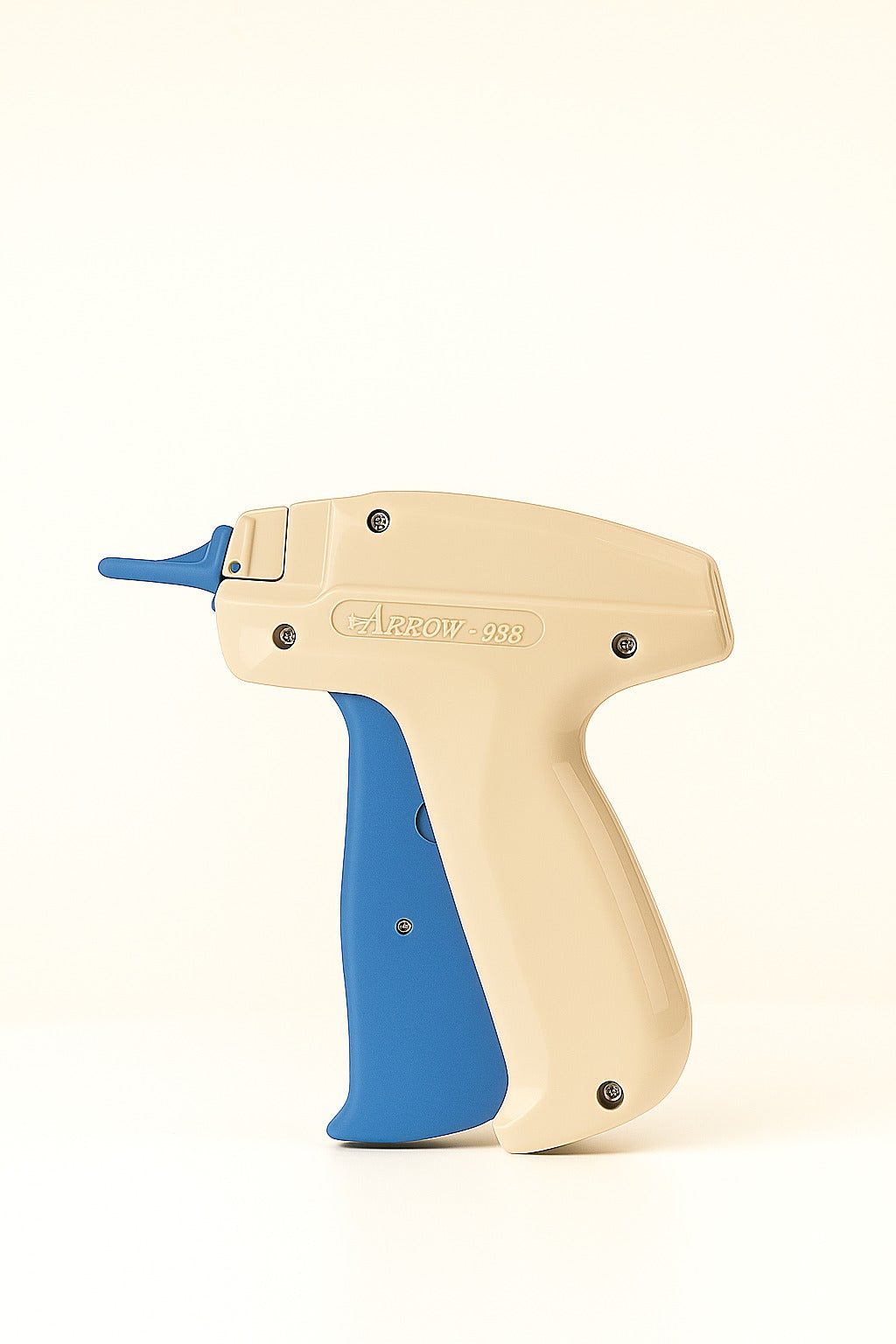 side view of arrow 9sb garment tag gun with blue and beige body

