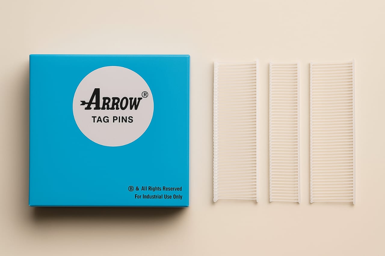 closeup of arrow tag pins strips with box showing standard fine quality 5000 pieces for clothing labels by paras

