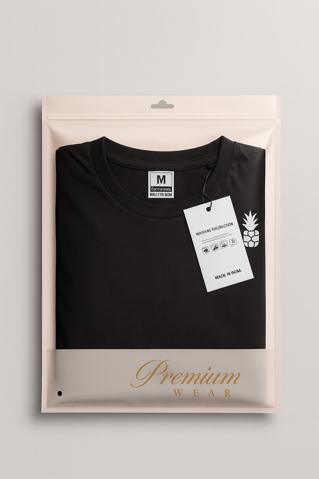 Black t-shirt in packaging with Premium Wear' branding on a light gray background