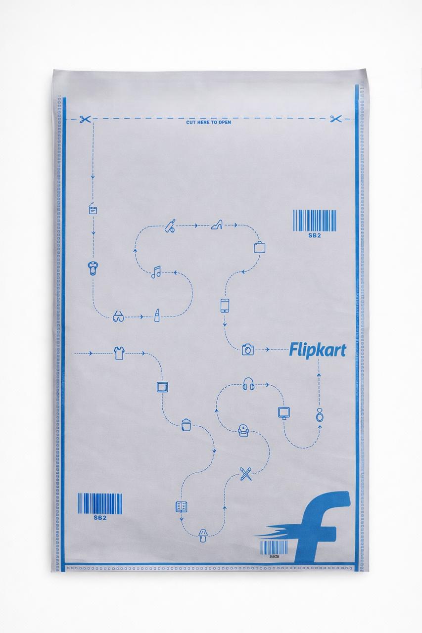 White envelope with blue design and Flipkart logo on a white background