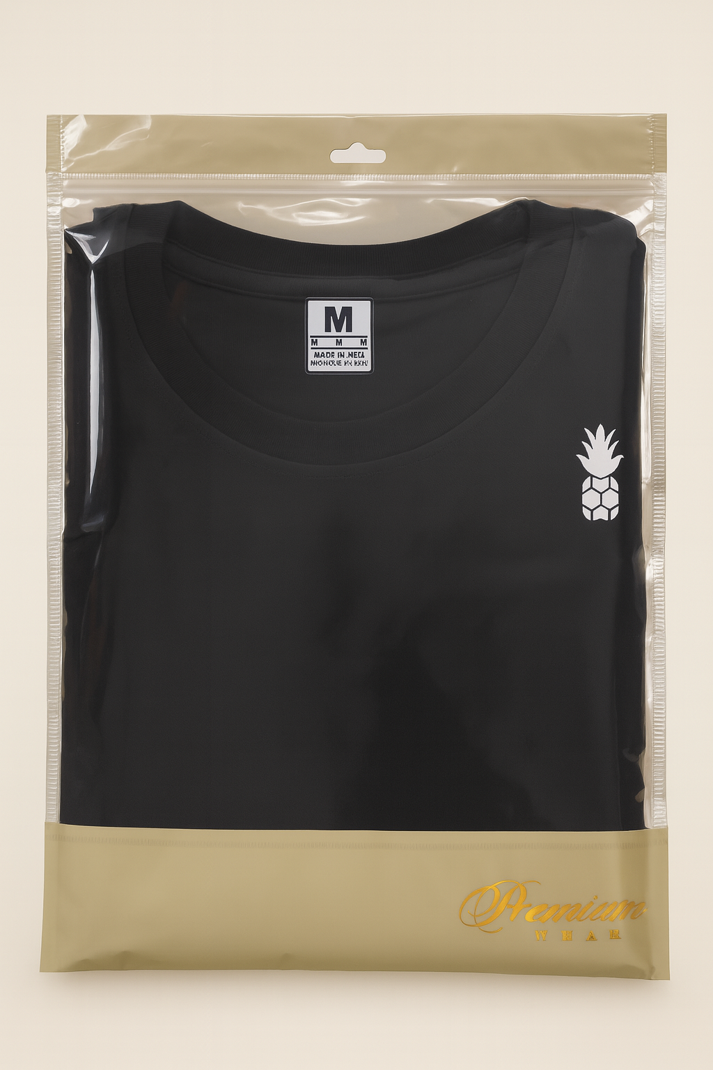 Black t-shirt with a white logo in packaging on a beige background