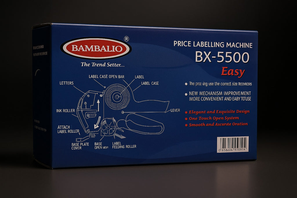packaging box of bambalio bx-5500 price labeling gun showing internal parts diagram and branding by paras dealer

