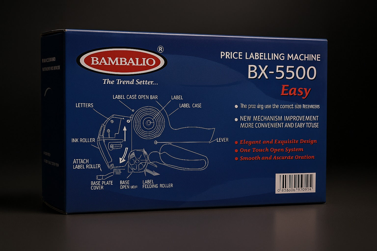 packaging box of bambalio bx-5500 price labeling gun showing internal parts diagram and branding by paras dealer

