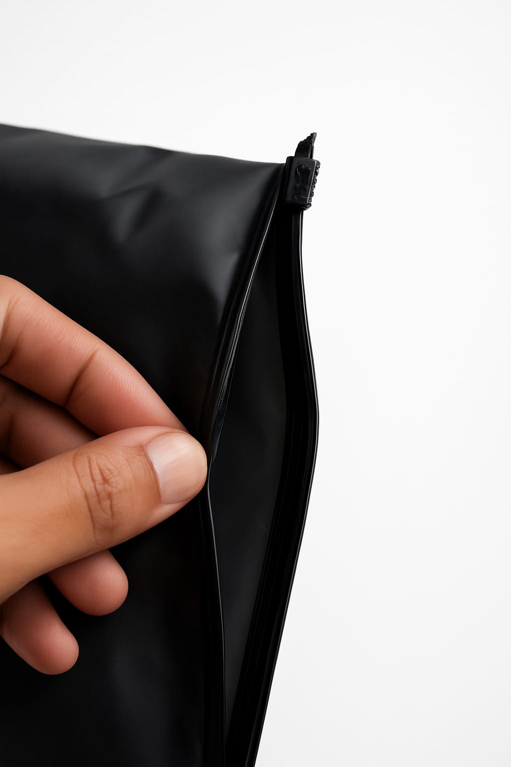 close-up of premium black slider zip pouch for garment packing by paraspacking

