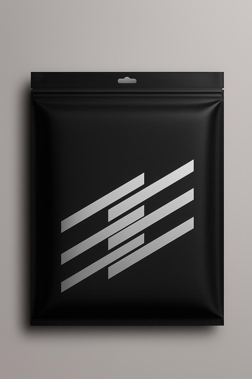 black matte zipper bag with silver stripe design for garments packaging 500 pcs pack by paras packing