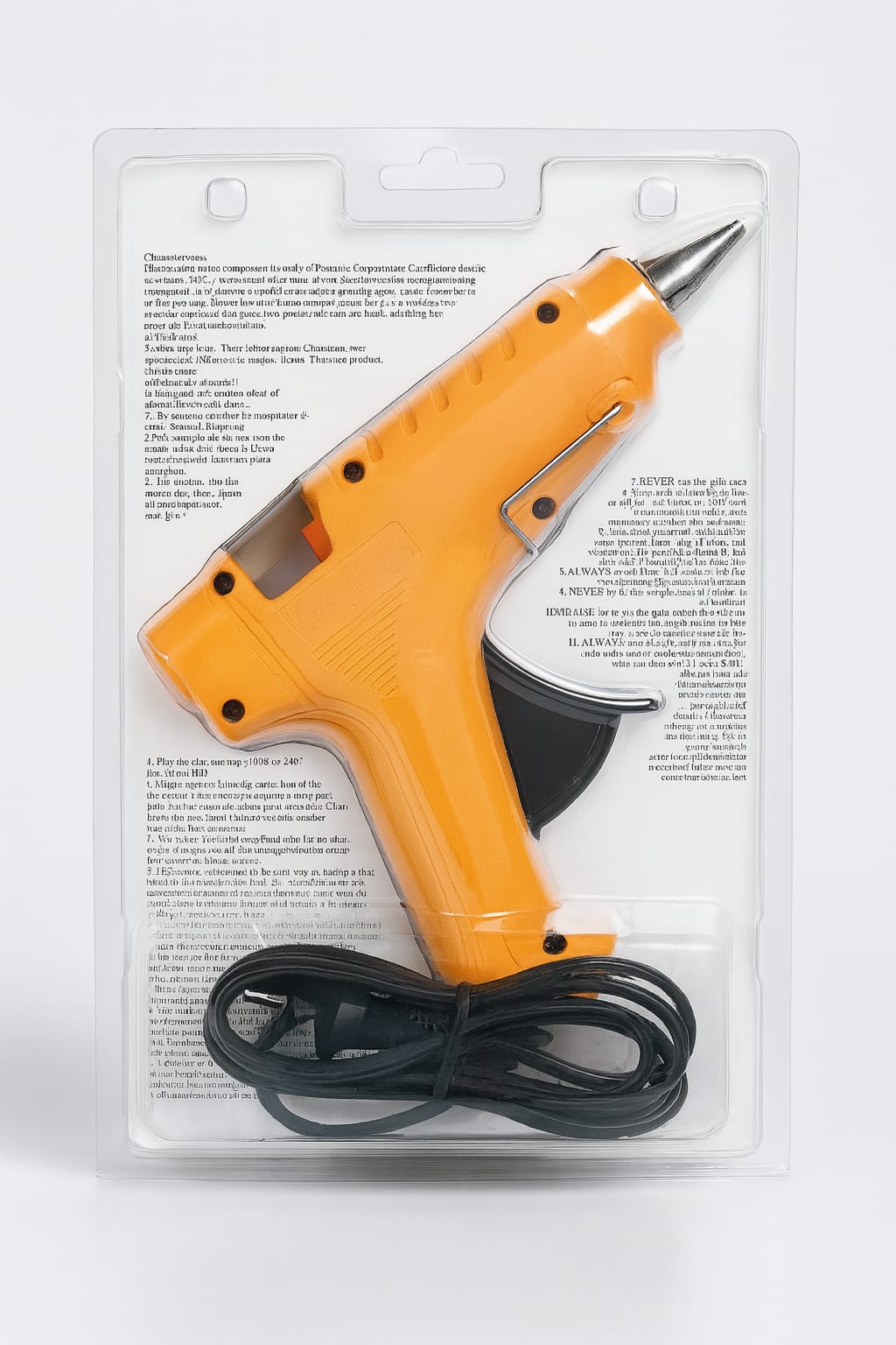 rear view of orange bluebird glue gun with power cord and packaging by paras packing
