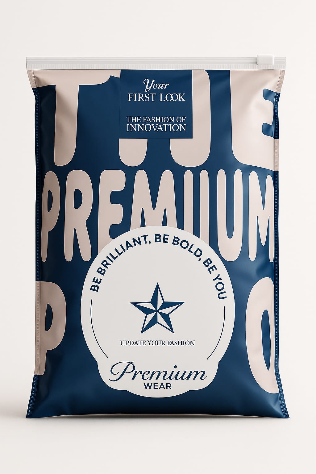 Blue and white packaging with text and a star logo on a white background
