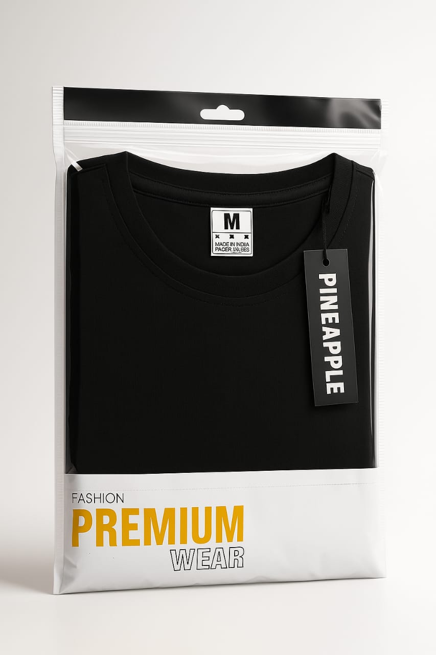 white bopp zipper bag with yellow premium wear print and black t-shirt inside – by paras packing

