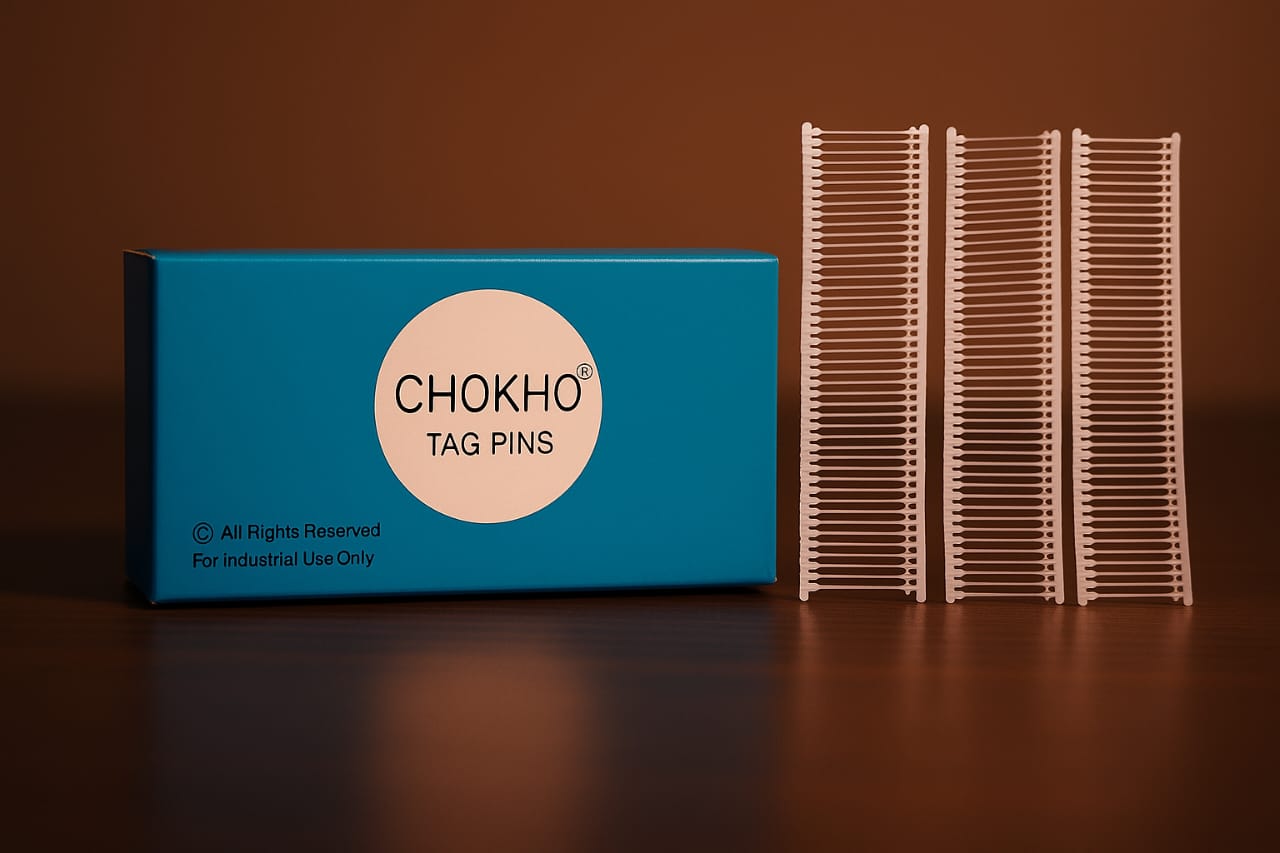 chokho tag pins 5000 pcs box with white plastic tag fasteners displayed on table for garment tagging by paras

