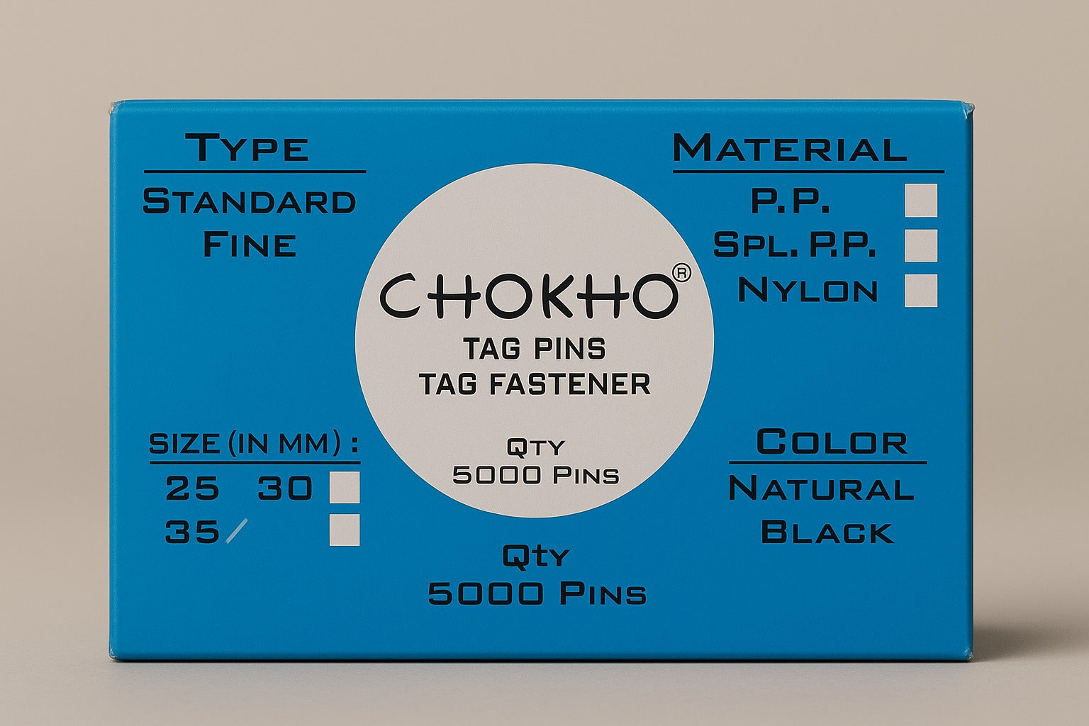 chokho tag pins packaging box 5000 pieces standard fine 19mm and 65mm options for garment tagging by paras

