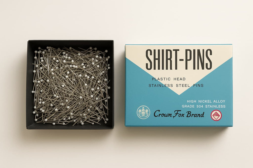 open box of crown fox shirt pins with plastic head and 304 stainless steel 300g pack
