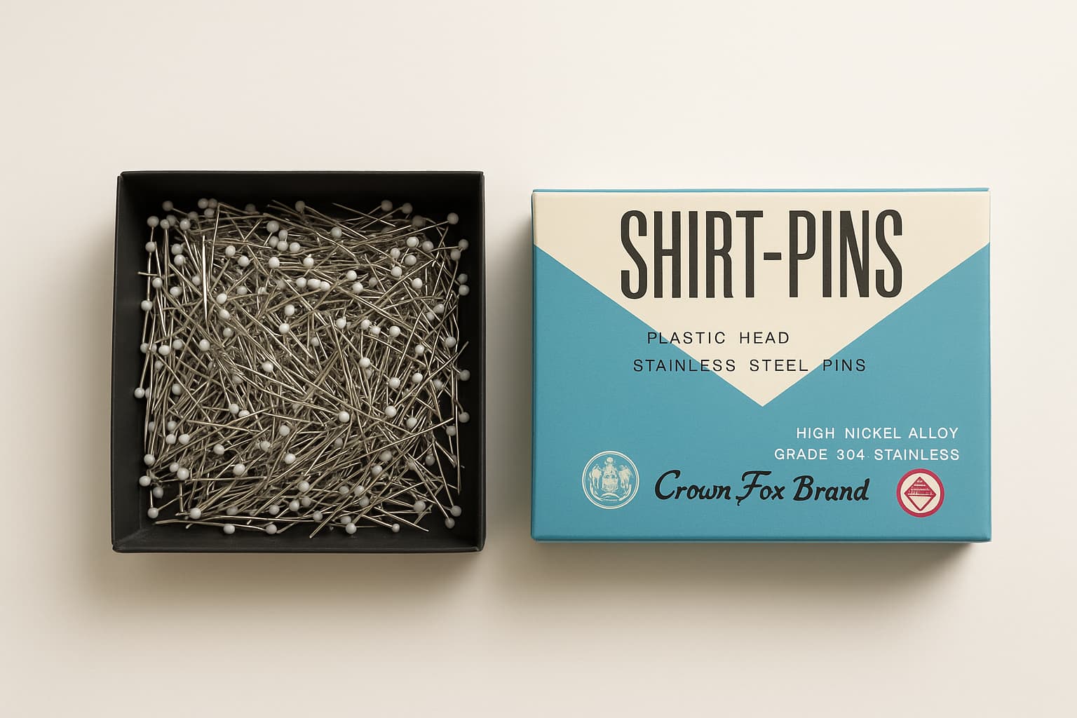 open box of crown fox shirt pins with plastic head and 304 stainless steel 300g pack
