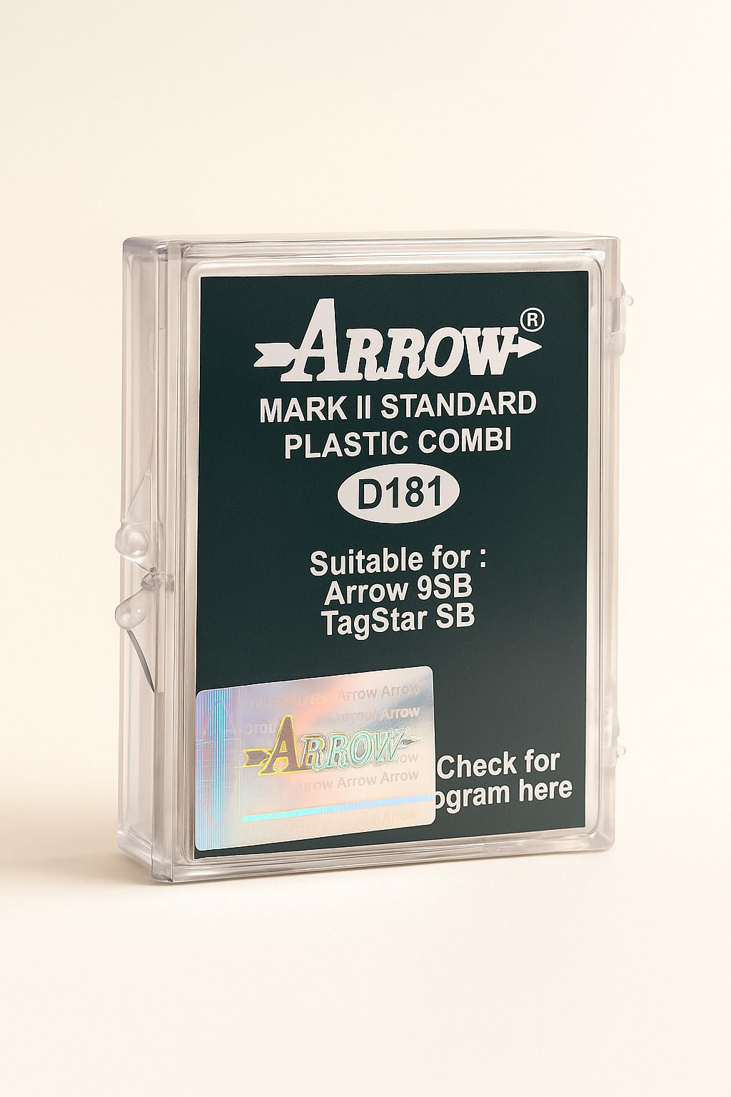 arrow d181 tag gun needle box front view with branding and hologram – compatible with arrow 9sb and tagstar sb guns


