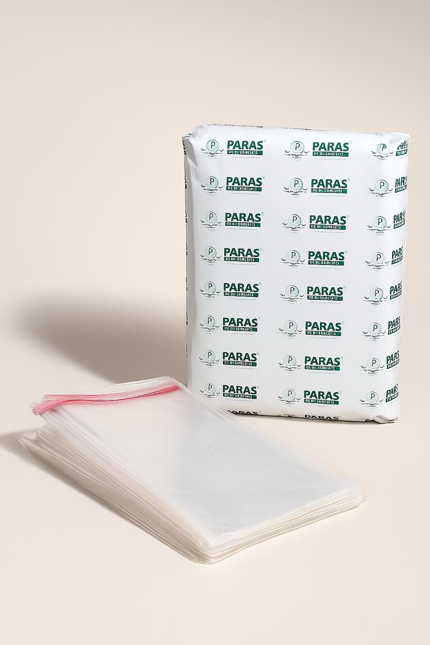 transparent double tape poly bags – 25 micron with paras packing branded bundle
