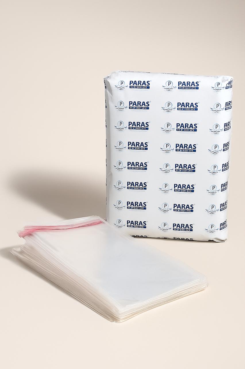 clear double tape poly bags – 34 micron pack of 500 with paras packing branding
