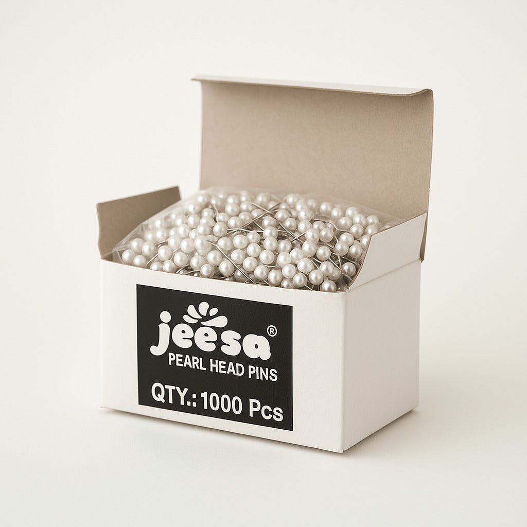 white open box of jeesa pearl head pins with 1000 shiny pieces inside
