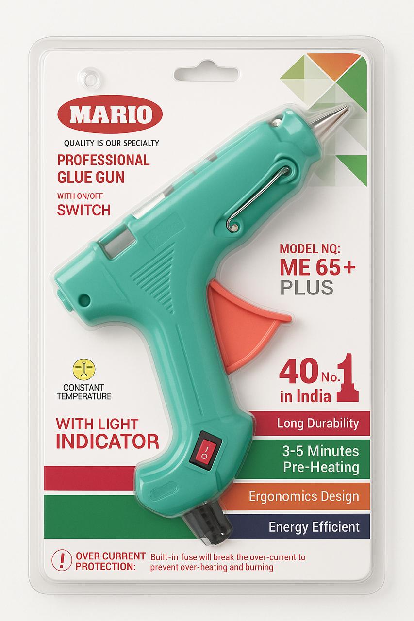 mario me 65 plus professional glue gun with switch ergonomic design by paras packing
