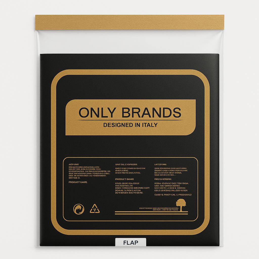 Packaging with 'Only Brands Designed in Italy' label on a white background