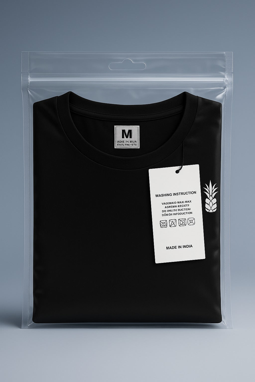 bopp zipper bag by paras holding black t-shirt with label for premium garment packaging

