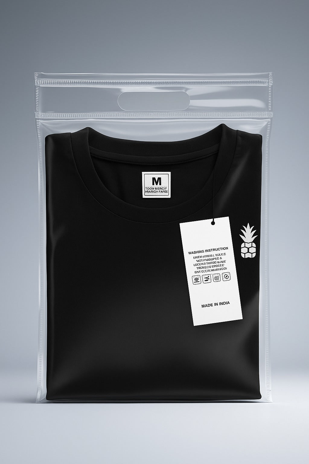 transparent d-cut bopp bag by paras holding a black t-shirt with tag inside garment pack

