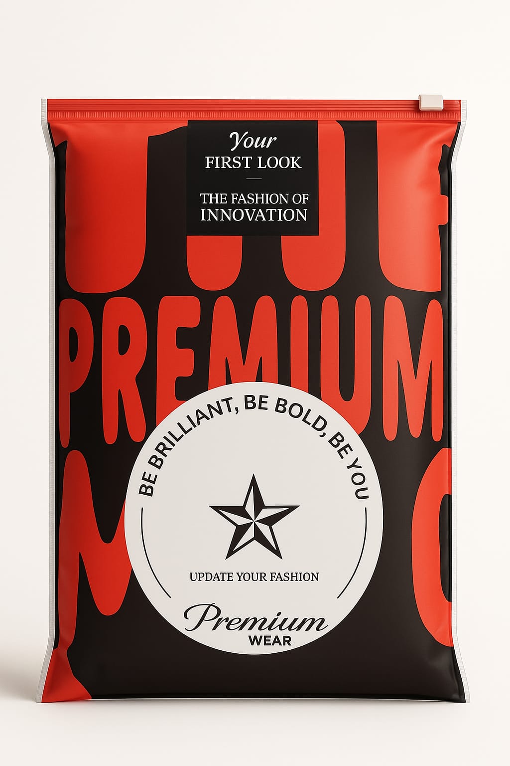 Black and red package with text and a star logo on a white background