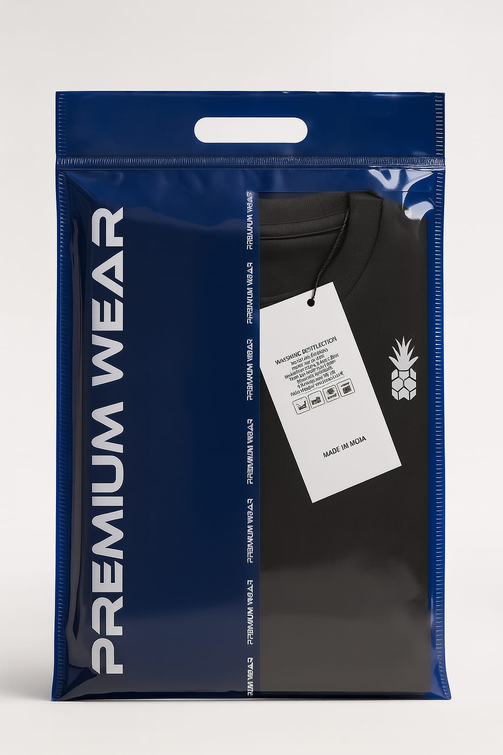 premium wear navy blue dcut bopp bag with tshirt paras

