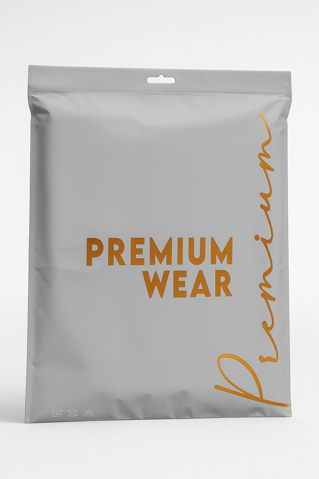 grey zipper garment bag with premium wear branding in orange text – sleek packaging by paras packing

