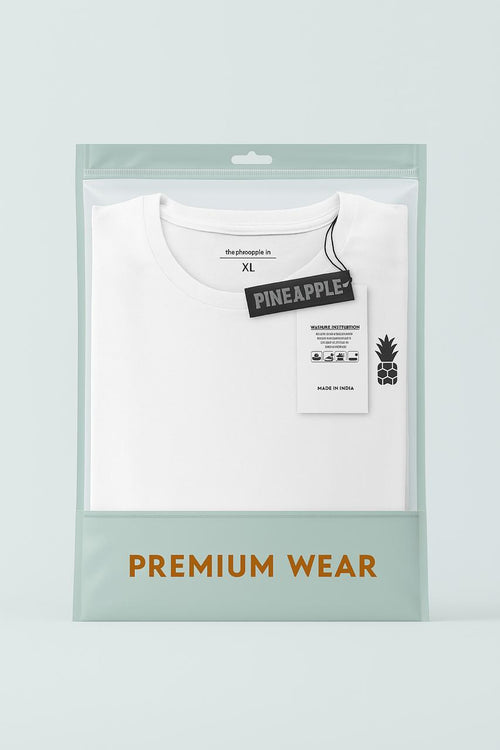 mint green premiumwear zipper garment packaging with white t-shirt – pineapple tag – by paras packing



