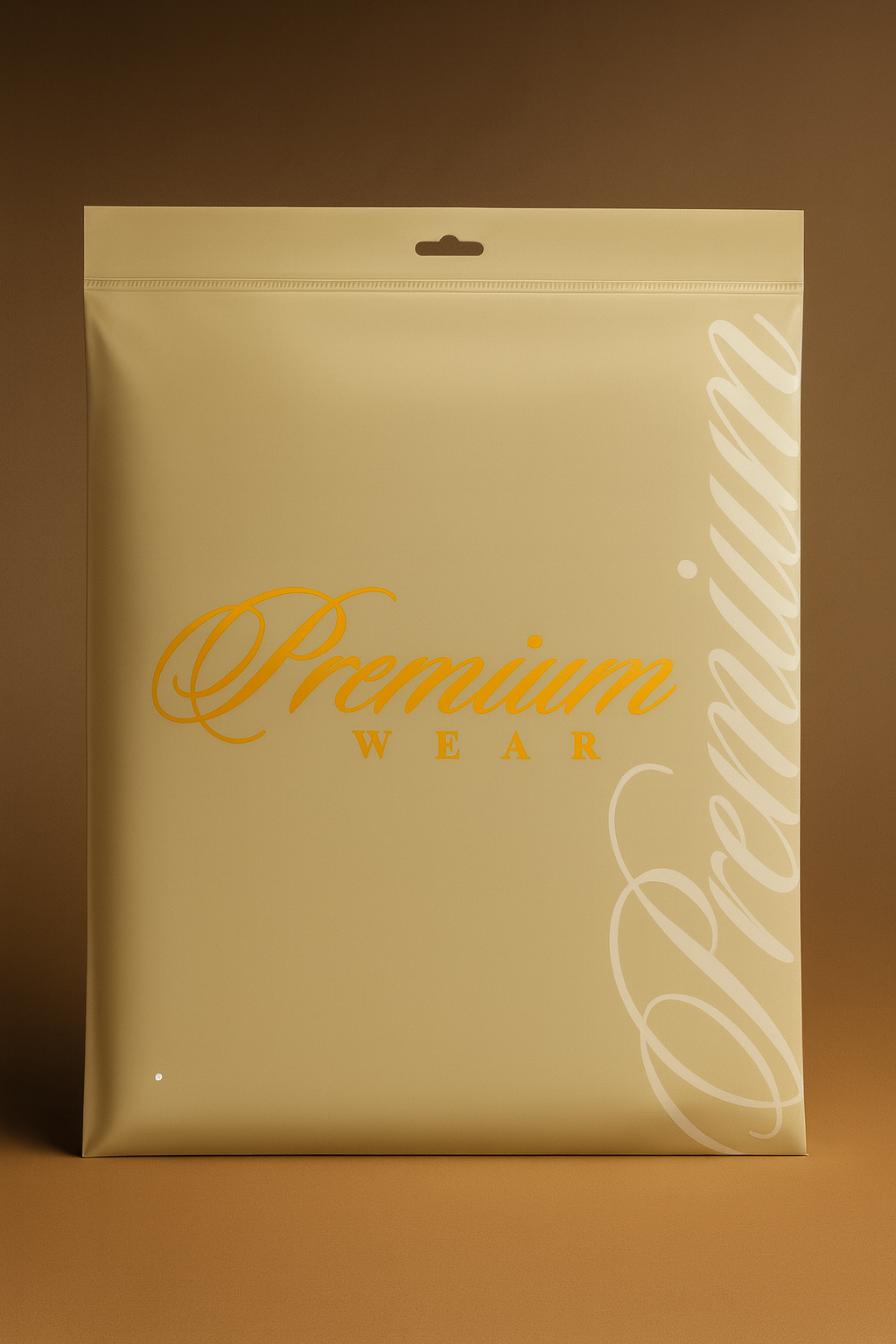 Beige packaging with 'Premium Wear' text on a brown background