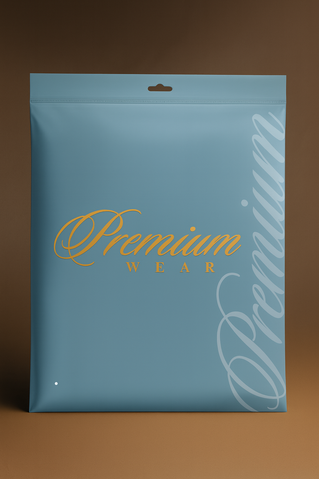 Blue packaging envelope with 'Premium Wear' text on a brown background