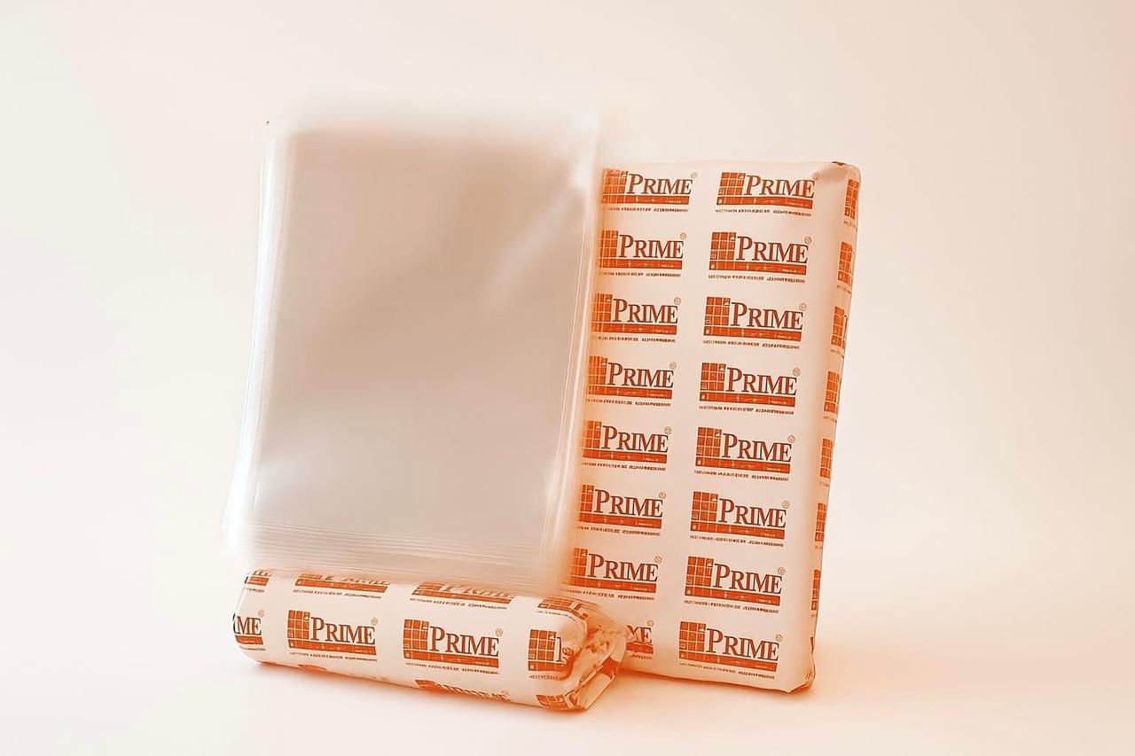 prime 51 microns transparent polybags for garments – 5kg no tape pack with orange printed packaging
