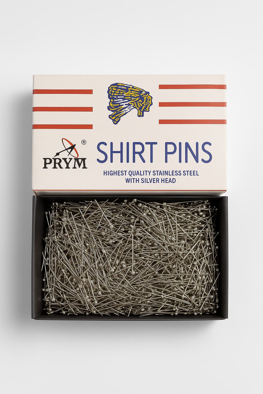 open box of prym shirt pins showing silver head stainless steel pins 250g pack
