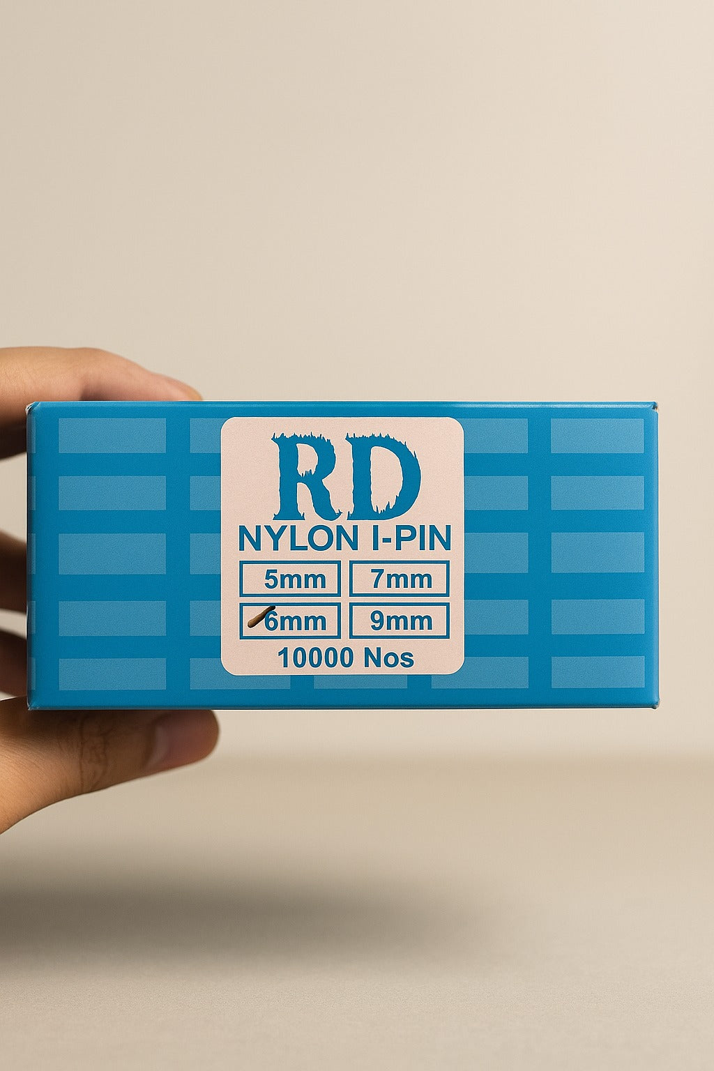 rd nylon i-pin box showing 6mm size ticked for 10000 pieces tag fasteners by paras packaging

