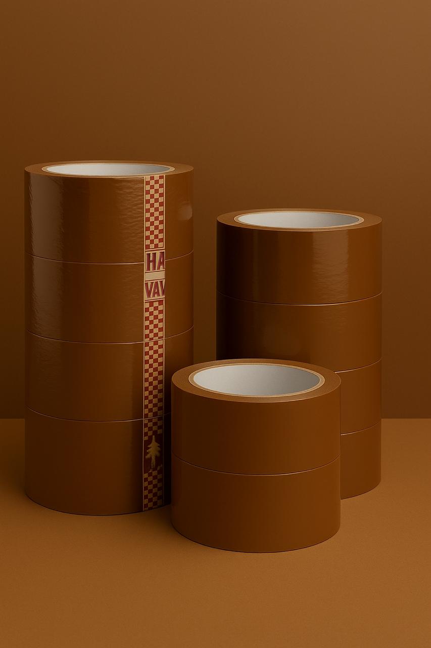 Three rolls of brown tape on a brown background