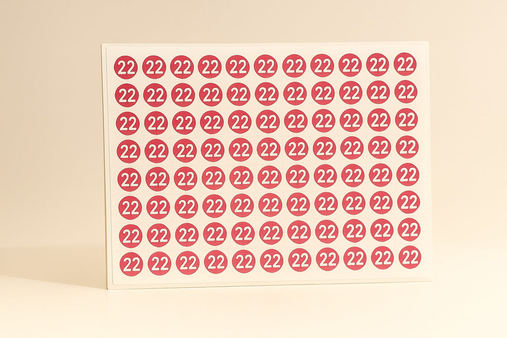 sheet of size 22 garment stickers for clothing labels
