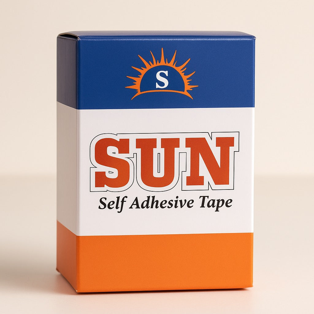 sun self adhesive tape box in orange blue design 65 meter verified by paras packing

