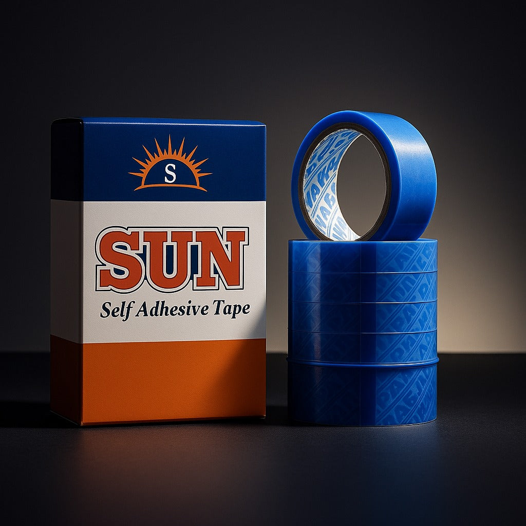 blue sun self adhesive tape rolls with branded box 65 meter verified by paras packing

