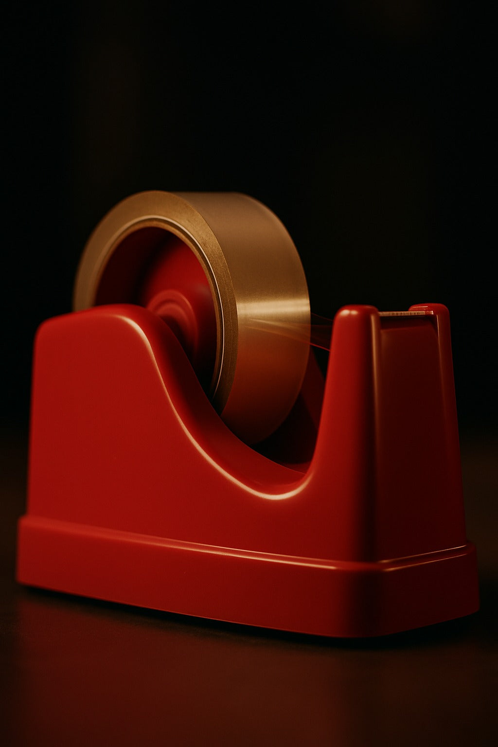 side view of red polo tape dispenser with brown adhesive roll for office or industrial use verified by paras packing
